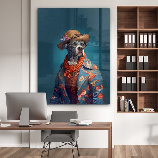 MuchoWow® Peinture sur verre 120x160 cm - Peinture sur verre acrylique - Chien - Veste - Fleurs - Chapeau - Blauw - Photo sur verre - Peintures
