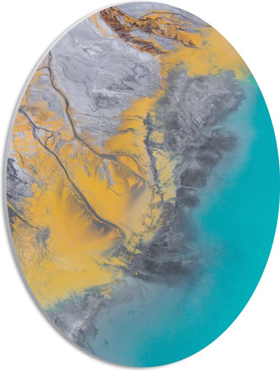 PVC Schuimplaat Ovaal - Abstract Bruin, Geel en Blauwe Vlekken - 30x40 cm Foto op Ovaal (Met Ophangsysteem)