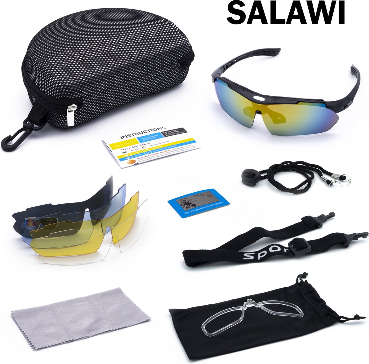 Salawi - fietsbrillen heren – fietsbril dames – Sportbrillen - transparant - meerkleurig - 5 verwisselbare lenzen- zonnebril - bril - brillen - Salawi