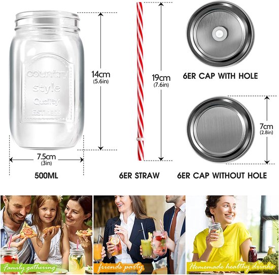 12 stuks metselaarpotten, schroefmetaal, drinkglazen, drankblikjes, sluitingen, jampotten, twist-off sluitingen, reservedeksels, herbruikbaar