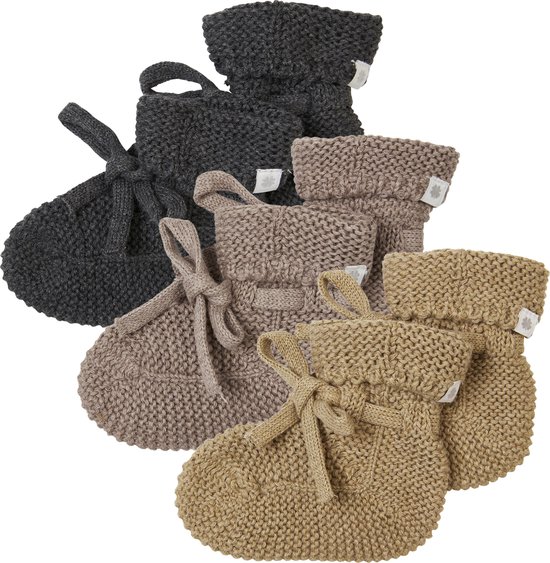 Noppies - Chaussons tricotés - emballés dans une boîte cadeau - 3 paires - Bébé 0-12 mois - Coton biologique - Gris foncé chiné - Taupe chiné - Vert clair