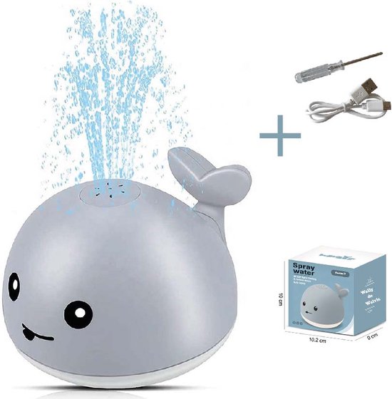 Femur® - Wally de Walvis - GRIJS - USB-C - Badspeelgoed - Badspeeltje - Lichtgevend - Sensor Fontein - Bad - Water - Zwembad - Baby - Peuter - Kleuter - LED