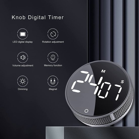 Digitale Kookwekker - Keukenwekker - Magnetische Timer - Douchetimer - Inclusief Batterijen- Stopwatch - Draaiknop - Kookwekker - LED-display – Smart timer – Optellen - Aftellen - Zilver - Merkloos