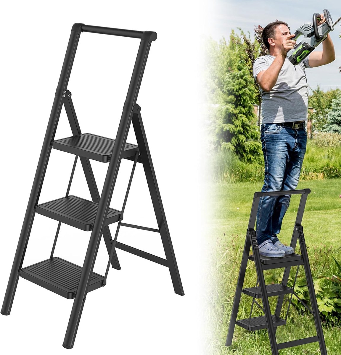 Aufun opvouwbare trap - Antislip trap, 3 treden Met leuning, ijzeren multifunctionele huishoudtrap, draagvermogen tot 250 kg, voor thuis, keuken en buitenruimtes