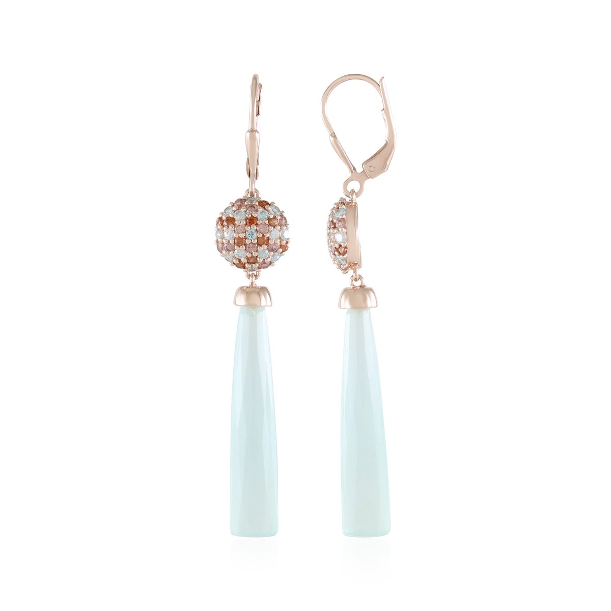 Cavill - 925 Sterling Zilver Rosé Verguld - Aqua Chalcedoon 18,9 ct - Champagne & Oranje Zirkoon - Elegante 60 mm Oorbellen - Braziliaanse Edelsteen