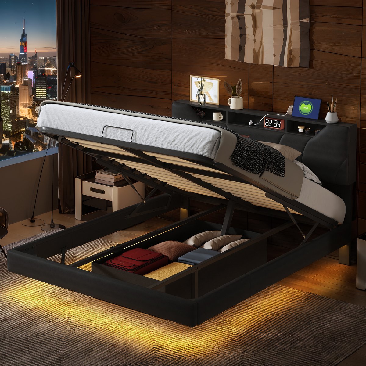 Opbergbed 140x200 cm – Tweepersoonsbed – Zwart gaslift bed – Verstelbaar hoofdbord, LED-bedverlichting, USB & Type-C