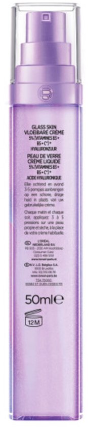 L'Oréal Revitalift Filler Glass Skin Vloeibare Crème in een paarse pompflacon met transparante dop, 50ml.