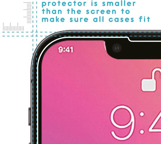 Close-up van een telefoon met screenprotector, met een liniaal die de kleinere afmetingen aangeeft.