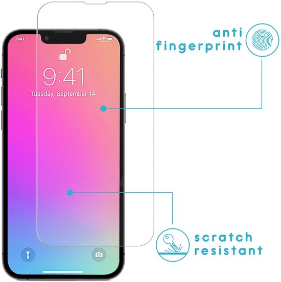 Een telefoon met screenprotector, met tekst 'anti fingerprint' en 'scratch resistant'.