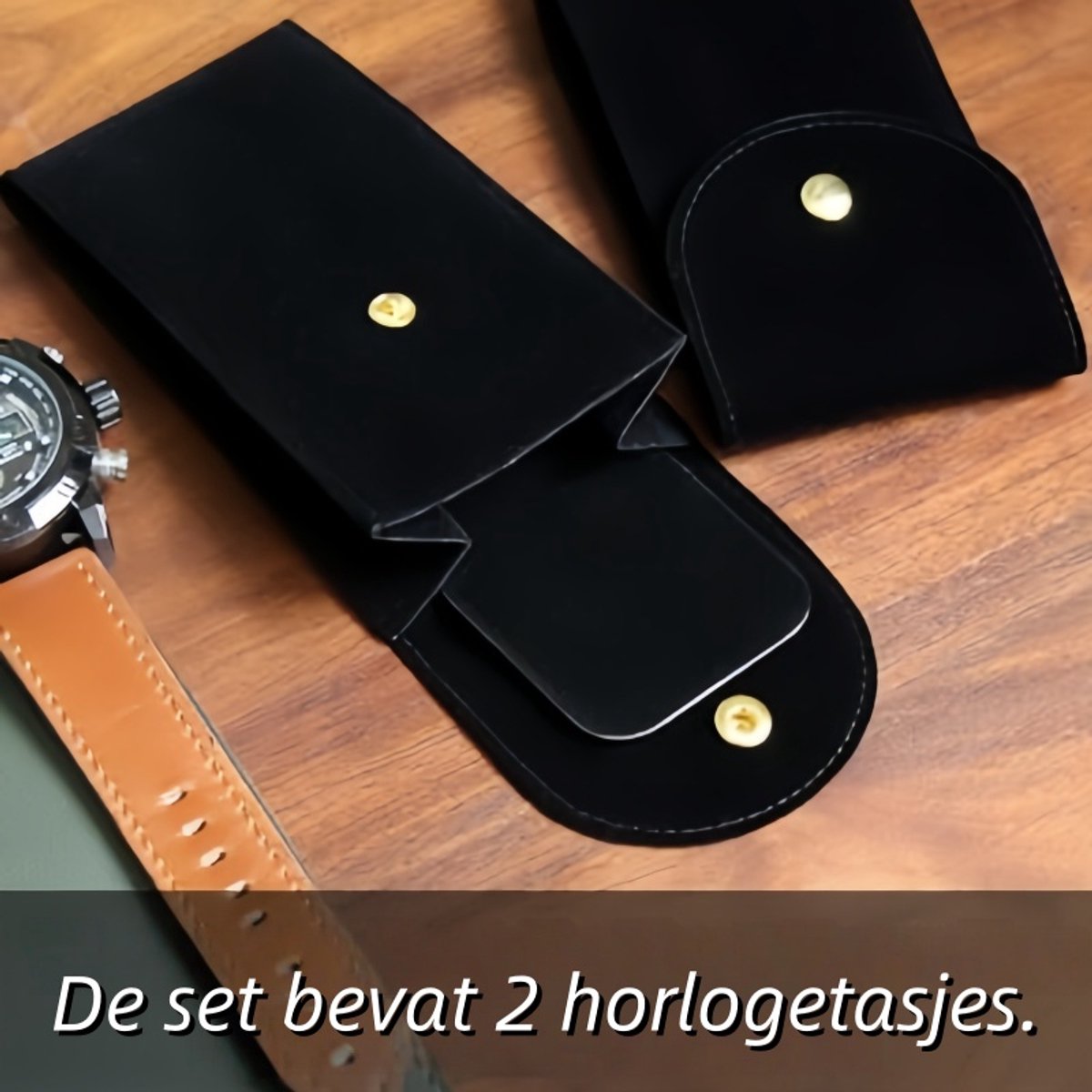 2-delige horloge-organizer tas - Draagbaar fluwelen horlogetasje met druksluiting - Reisorganizer tas - Set voor één horloge en armband - Zwart