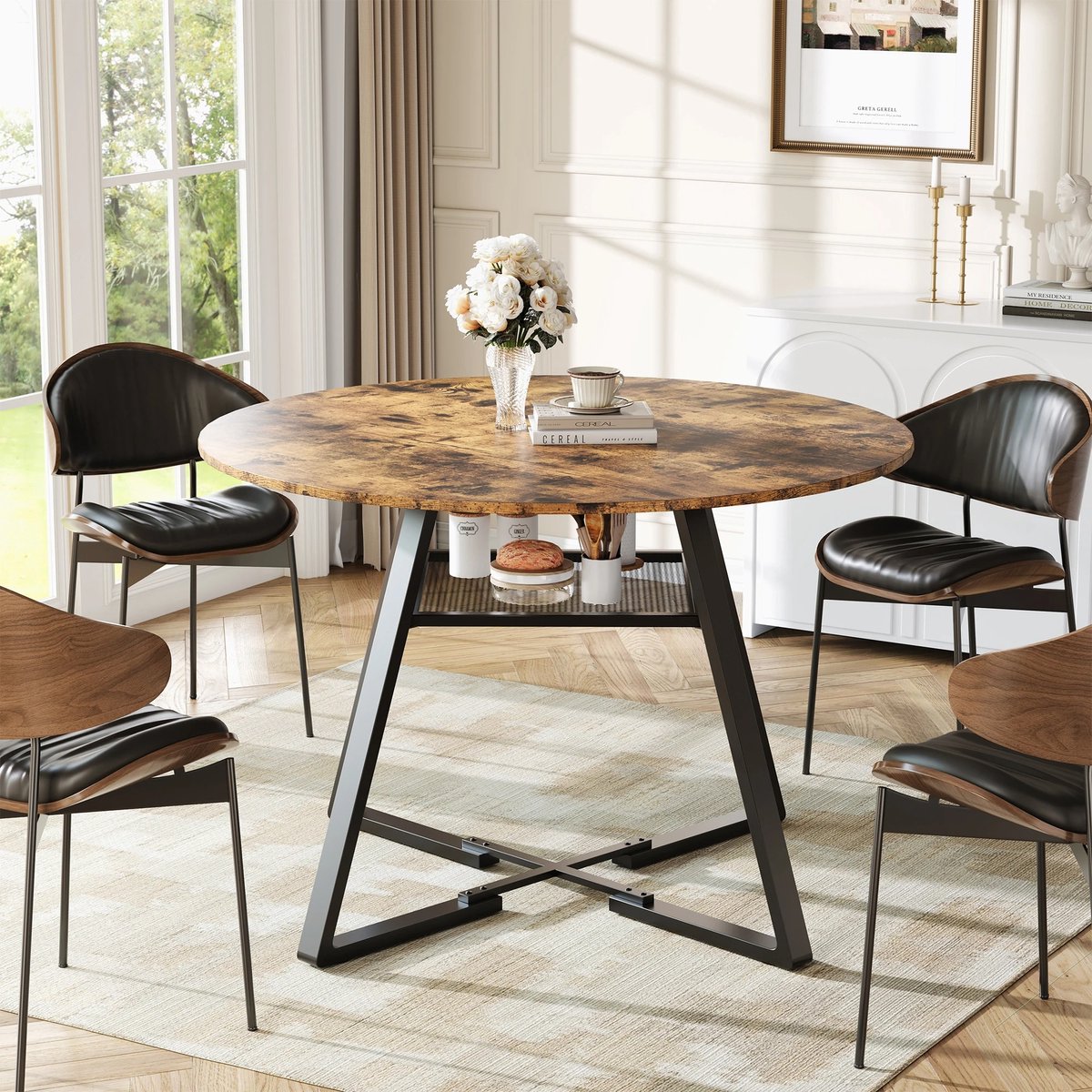 Eettafel - Eettafel Rond - Eettafel Rond 120 cm - 4 Personen - Hout - Keukentafel - Tafel - Woonkamer - Eetkamer - Met Opbergrek