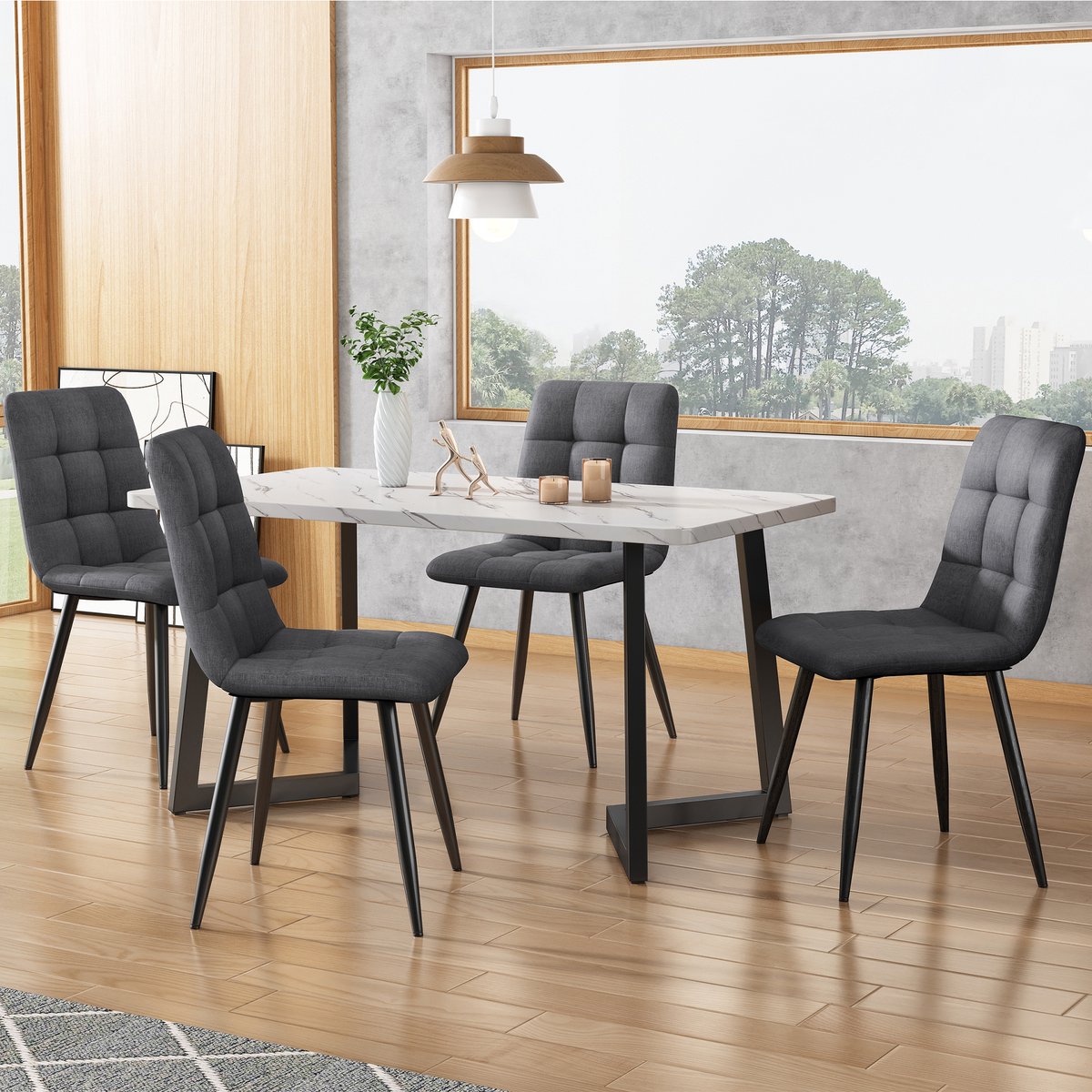 STILVORA Eetkamerstoelen - Set van 4 - Ergonomisch Ontwerp - Voor Eetkamer, Keuken en Thuiswerkplek - Grijs Katoen - Stalen Poten