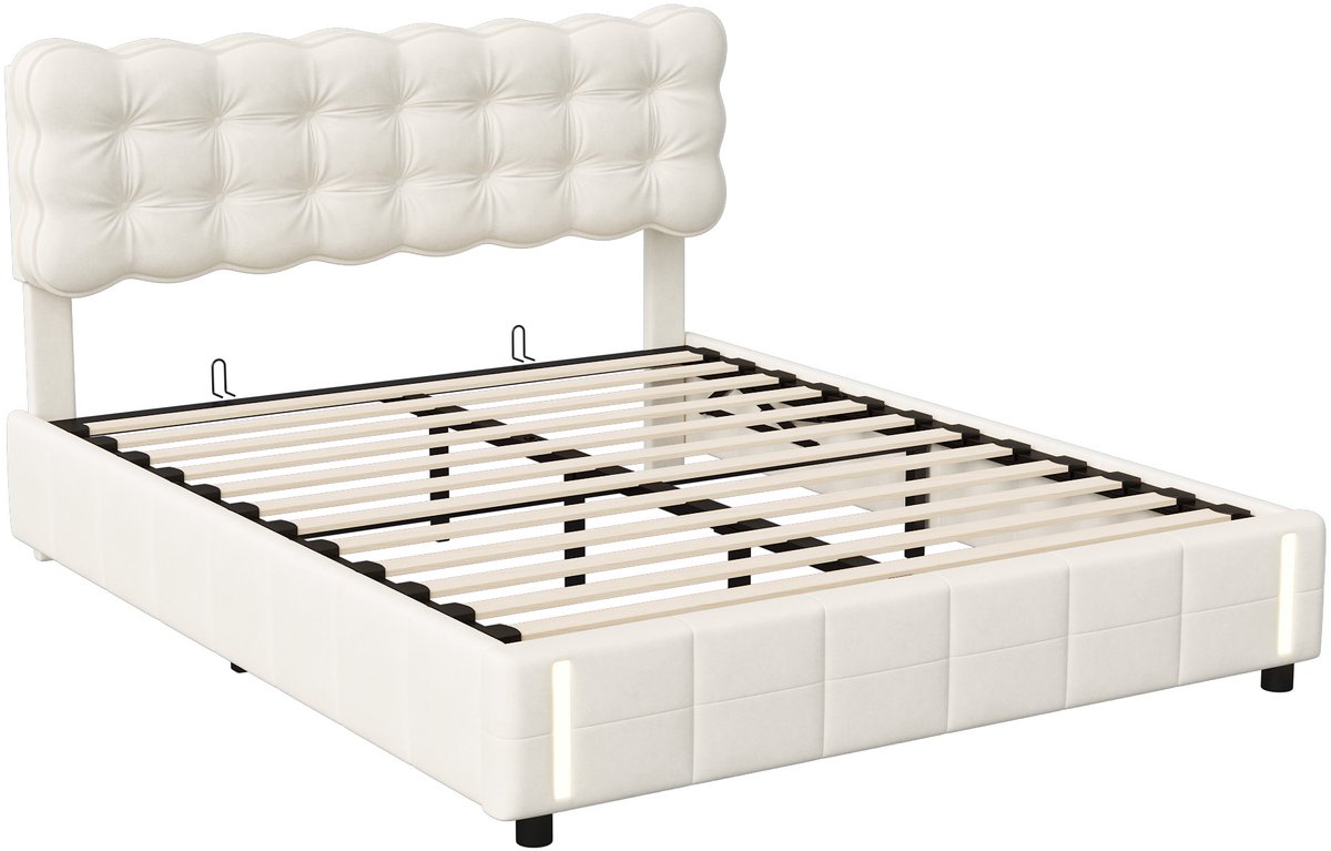 SHOPENTRA Opbergbed 160x200 cm Beige Fluwelen met LED Verlichting - afbeelding 3