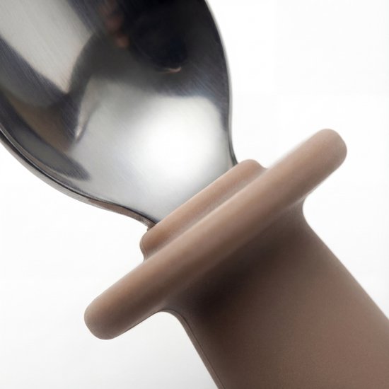 Funnies Kinderbestek 4-delig - Couverts pour bébé avec 2 Cuillères & 2 Fourchettes - Siliconen & RVS - Sans BPA et Sécurisé - Pour Bébés & Tout-petits - Idéal pour Manger & Grignoter - Design Durable - Caramel & Stone Green