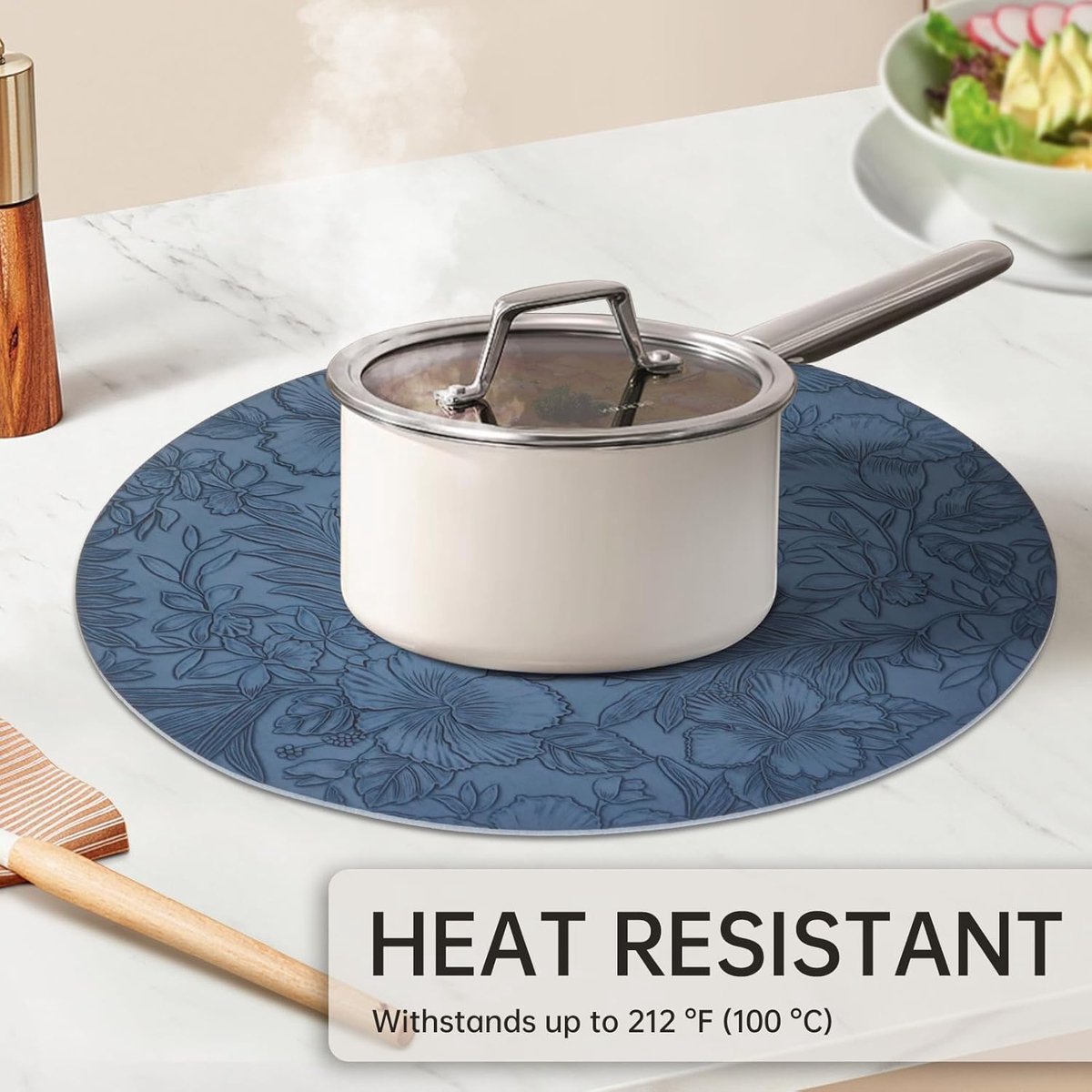 Candala Placemats, afwasbaar en onderzetter, set van 6, rond, dubbelzijdige placemats, leer, antislip, waterdicht, placemats, lederlook (donkerblauw)
