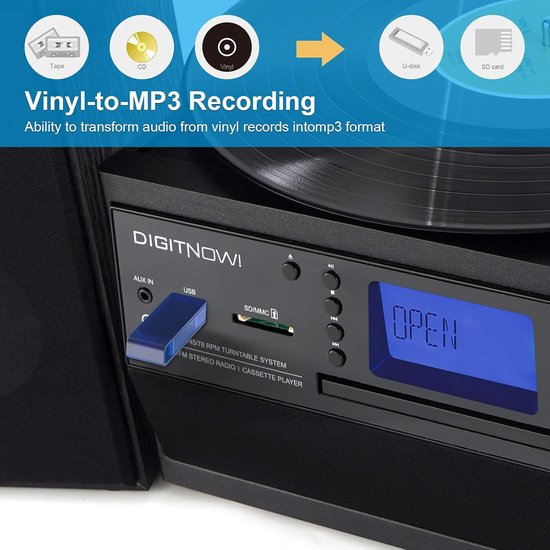 Bluetooth Platenspeler met CD & Cassette - Vinyl naar MP3 - USB & SD - AM/FM Radio - Afneembare Stereo Luidsprekers — afbeelding 2
