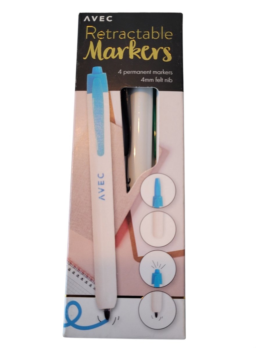 AVEC Intrekbare Permanent Markers – 4 Stuks – 4 mm Punt – Zwart, Blauw, Rood & Groen