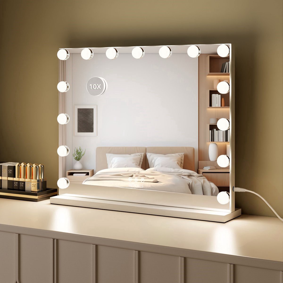 Royals Hollywood Spiegel 58x46CM - 15x Led Lampen - 10x Vergroting - 3 lichtstanden - Dimbaar - Smart Touch - hollywood spiegel met verlichting - Spiegel met verlichting - Make Up Spiegel - Visagie spiegel