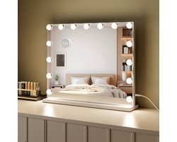 foto van Royals Hollywood Spiegel 58x46CM - 15x Led Lampen - 10x Vergroting - 3 lichtstanden - Dimbaar - Smart Touch - hollywood spiegel met verlichting - Spiegel met verlichting - Make Up Spiegel - Visagie spiegel