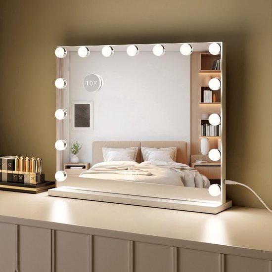 Royals Hollywood Spiegel 58x46CM - 15x Led Lampen - 10x Vergroting - 3 lichtstanden - Dimbaar - Smart Touch - hollywood spiegel met verlichting - Spiegel met verlichting - Make Up Spiegel - Visagie spiegel