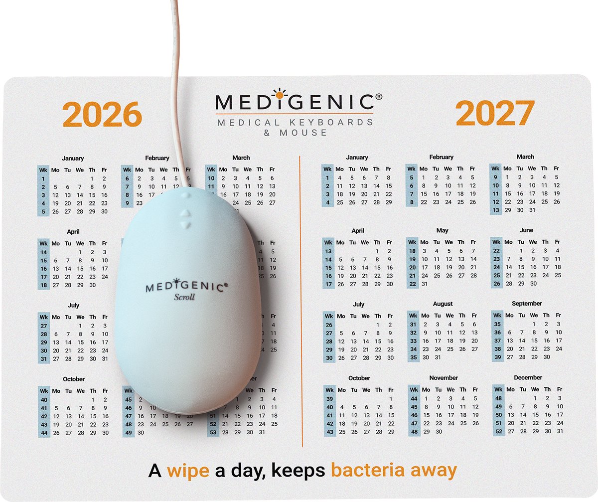 Medigenic - Hygiënische Muismat - Weekkalender - 2026 / 2027 - Dun - Antislip - Makkelijk te reinigen & desinfecteren