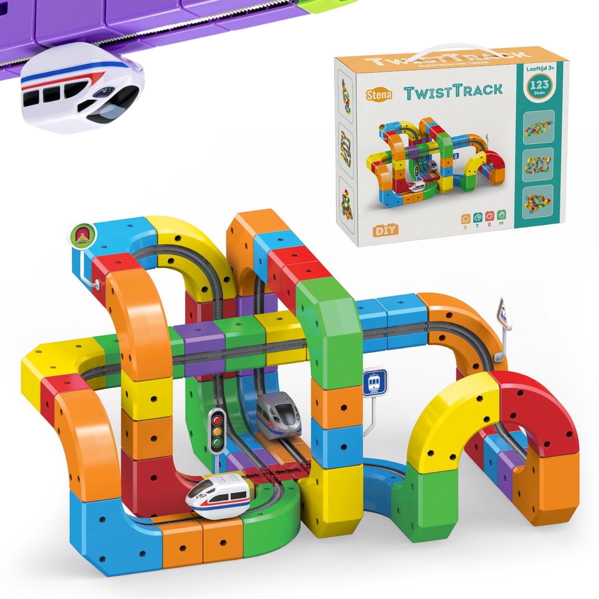 TwistTrack Elektrische Treinbaan – 123-delig – DIY – Educatief/Montessori Speelgoed – STEM - Cube Track – Stimuleert Fijne Motoriek – Speelgoed 3/4/5/6 jaar
