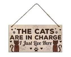 Houten Bordje 'Cats are in Charge' - Grappig Bordje - 20x10cm - met touwtje - Katten - Kat - Poes