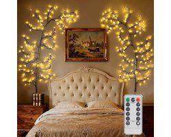 Set van 2 Verlichte Wilgentakken met 144 LED, Lichttakken voor Binnen met Stekker en Afstandsbediening, Boom Wanddecoratie en Sfeerverlichting voor Slaapkamer en Woonkamer Decoratie