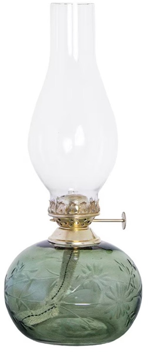 Strömshaga Groene glazen olielamp bloemmotief met messing brander 28cm x Ø11cm