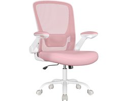 SONGMICS Ergonomische Canvas Bureaustoel, Fauteuil, Gewatteerde Lendesteun, Schommelmechanisme, 53 cm Brede Zitting, Opklapbare Armleuningen, Candy roze OBN037R01