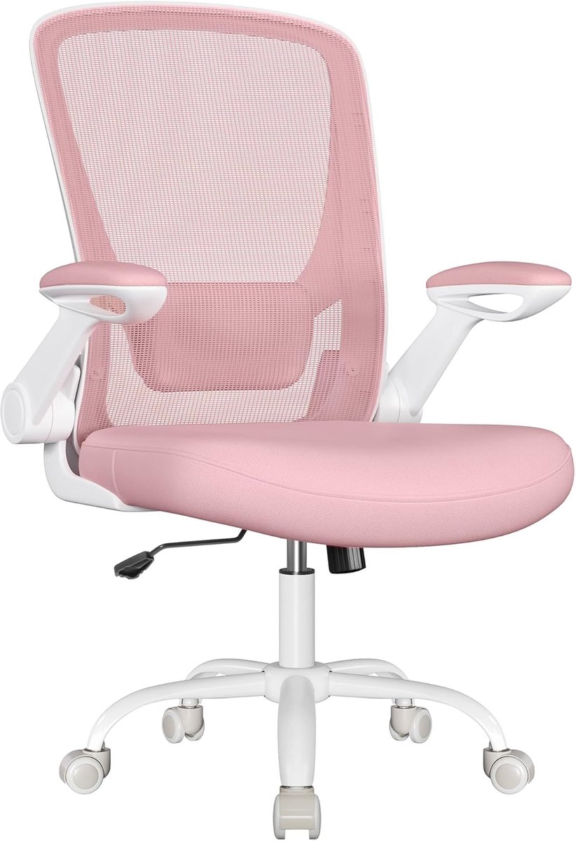 SONGMICS Ergonomische Canvas Bureaustoel, Fauteuil, Gewatteerde Lendesteun, Schommelmechanisme, 53 cm Brede Zitting, Opklapbare Armleuningen, Candy roze OBN037R01