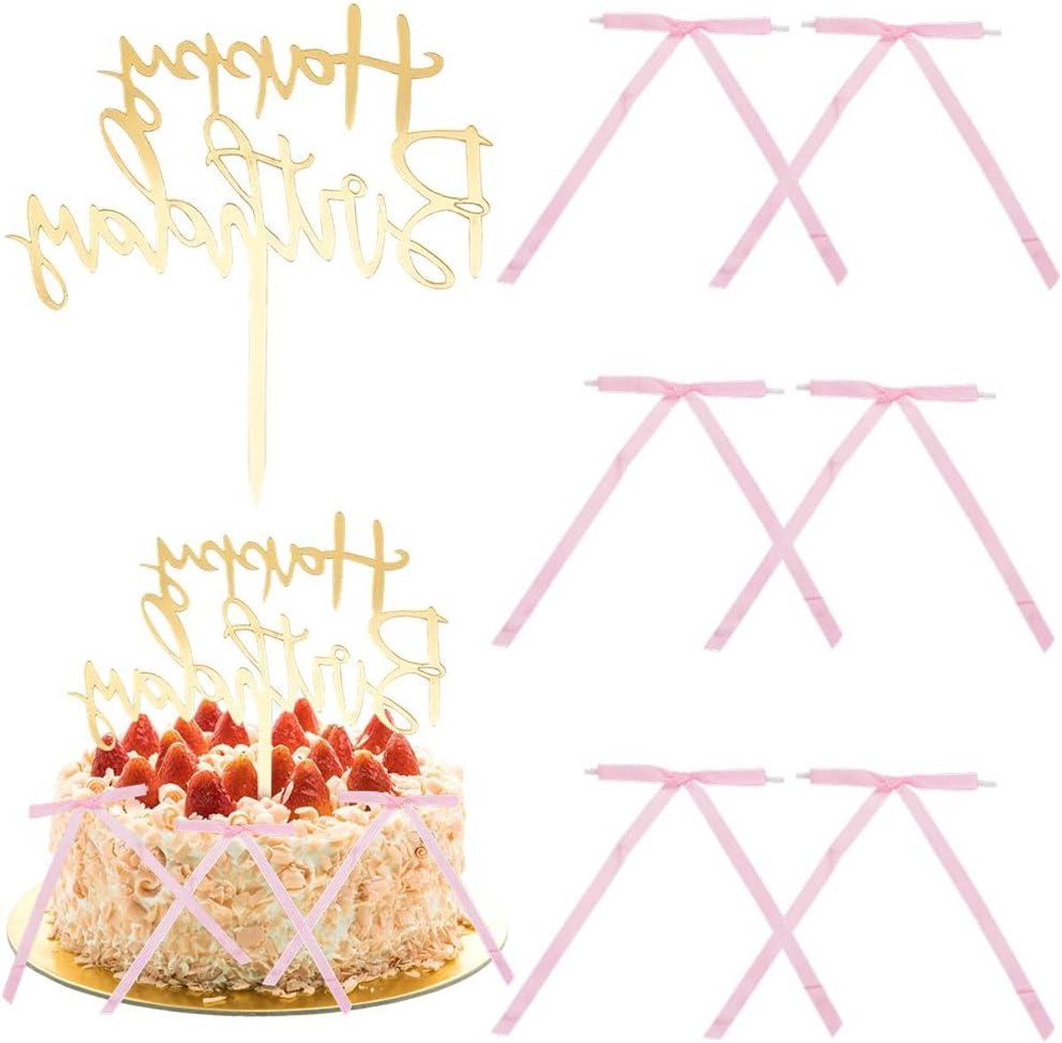 Feest Cake Topper Set - Verjaardag - Acryl - Voedselplectrums - Roze Polyester - Decoratie - Happy Birthday - Cupcake - Geschikt voor Verjaardag Douche - Gouden - 5 stuks met 30 Stks Kant Strikken
