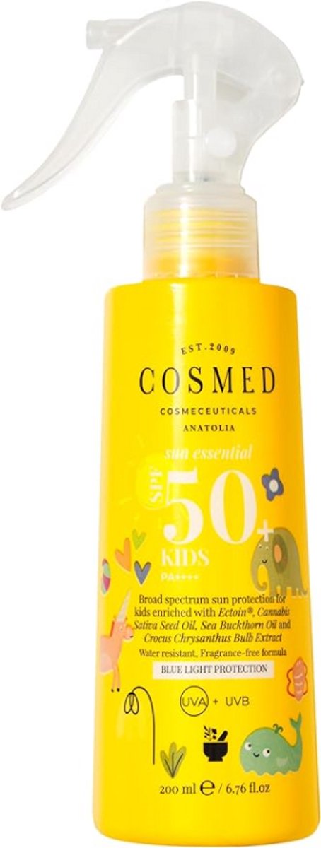 Cosmed Kids Zonnebrand SPF50 Spray 200ml – Waterresistent, Vegan, Geurvrij, Voor Gevoelige Huid – Veilig voor Baby’s & Kinderen