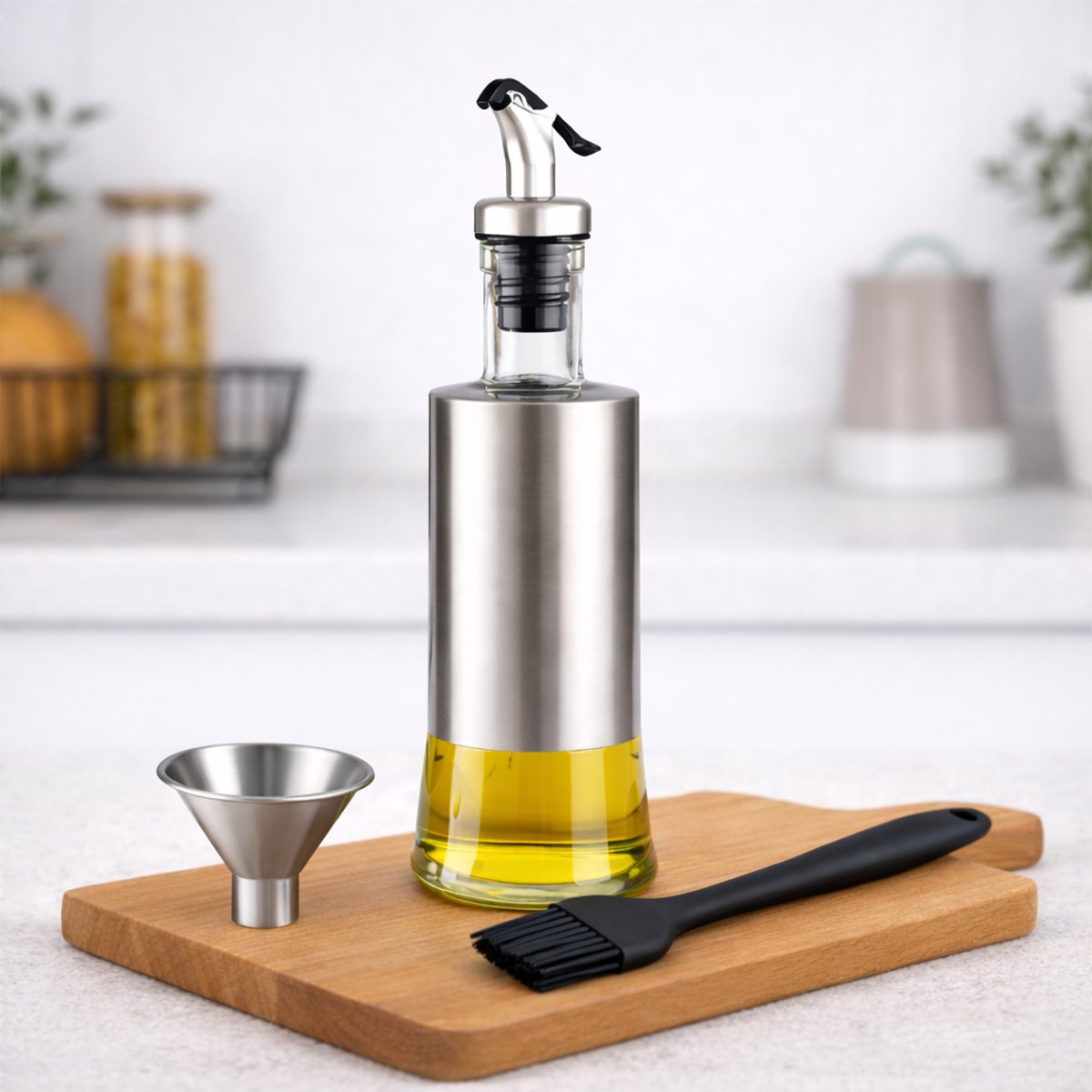 BooGoo® RVS Oliefles Deluxe - 300ml - Met Schenktuit Trechter Bakkwast en Kook E-book