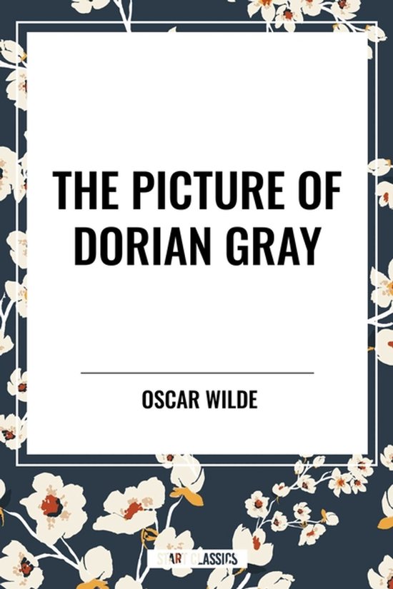 Couverture de livre : The Picture of Dorian Gray par Oscar Wilde sur un fond bleu foncé avec des motifs de fleurs blanches.