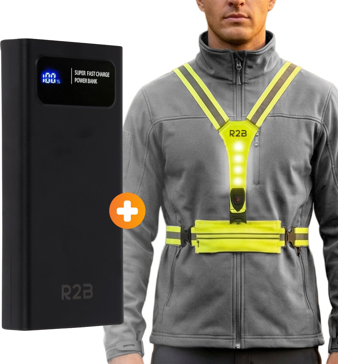 R2B Noodpakket met Powerbank en Veiligheidsvest met Verlichting - Noodpakket Voor Thuis - Noodpakket Oorlog - Powerbank 20.000 mah - Hardloopvest / Noodverlichting