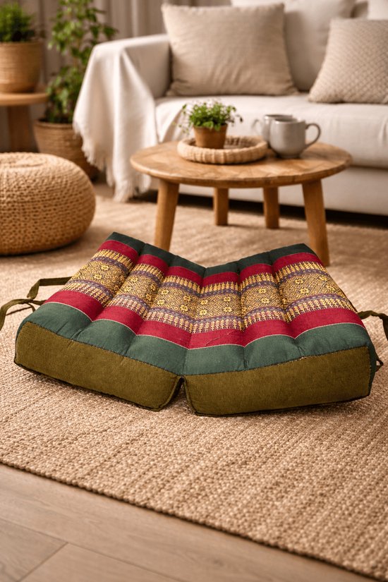Meditatiekussen - Yoga kussen - Zitkussen - Opvouwbare Vloerkussen - Draagbaar kussen - groen/rood (40x40x7cm) van Sens Design — afbeelding 3