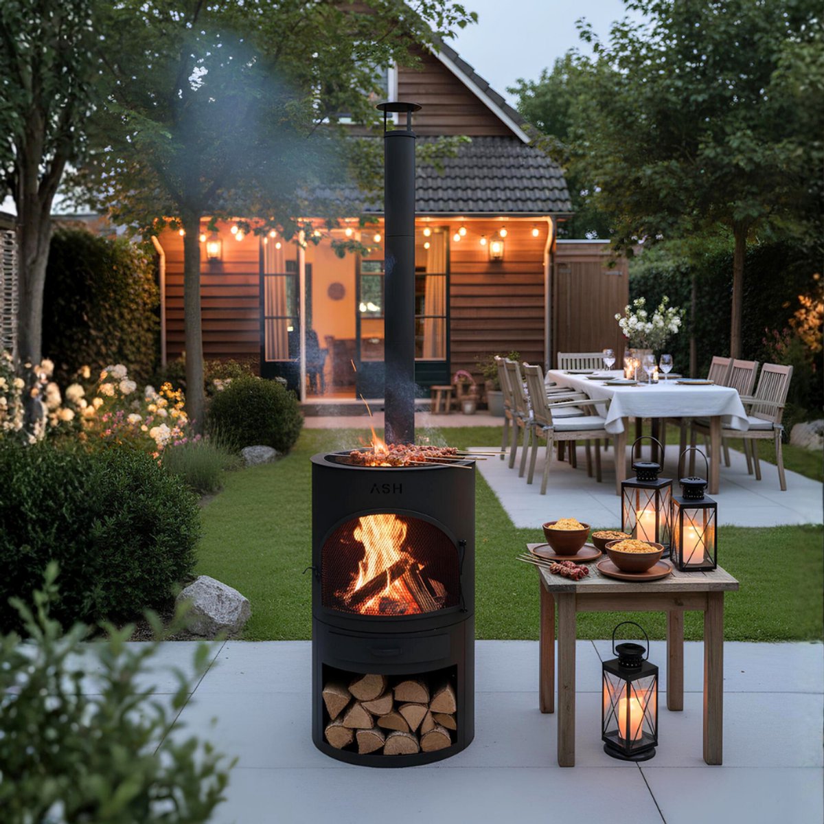 ASH® - Sunset - Grote Tuinhaard met BBQ - Houtkachel - Vuurkachel - Terraskachel - 3 in 1 Terrashaard voor sfeervolle avonden - Zwarte Tuinkachel - 47x47x191 cm van ASH