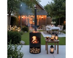 ASH® - Sunset - Grote Tuinhaard met BBQ - Houtkachel - Vuurkachel - Terraskachel - 3 in 1 Terrashaard voor sfeervolle avonden - Zwarte Tuinkachel - 47x47x191 cm