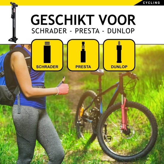 Dunlop Fietspomp - staande pomp voor Presta, Dunlop, Schrader ventiel - 12 bar