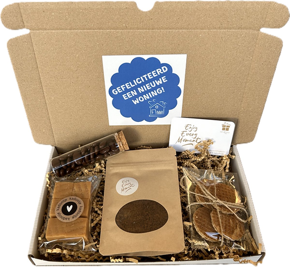 Nieuwe woning koffie brievenbus cadeau - fudge - chocolade mokkaboontjes - stroopwafels