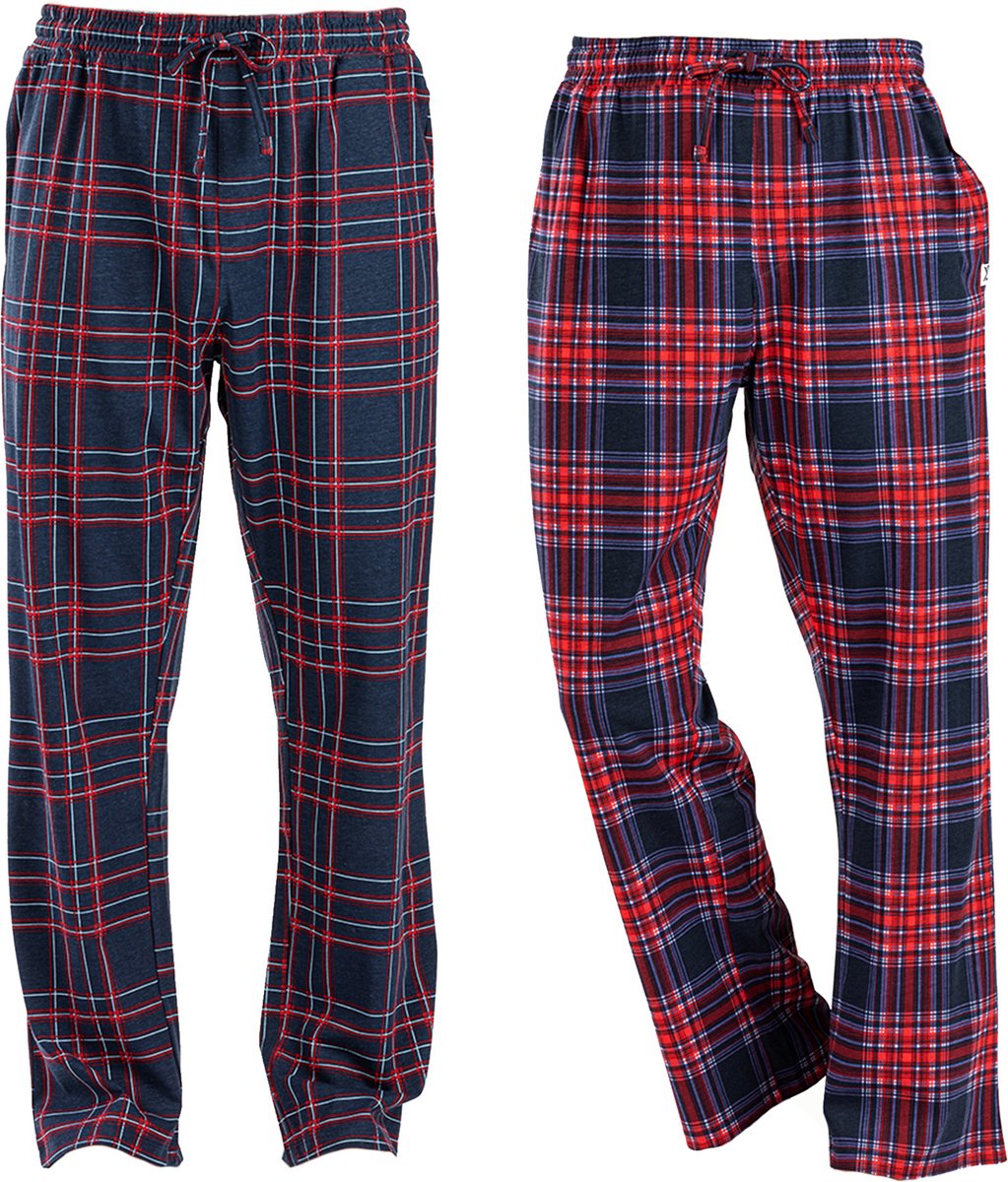 Milanoro - Set van 2 heerlijk zachte katoenen pyjamabroeken voor heren - Navy / Bordeaux geruit - M