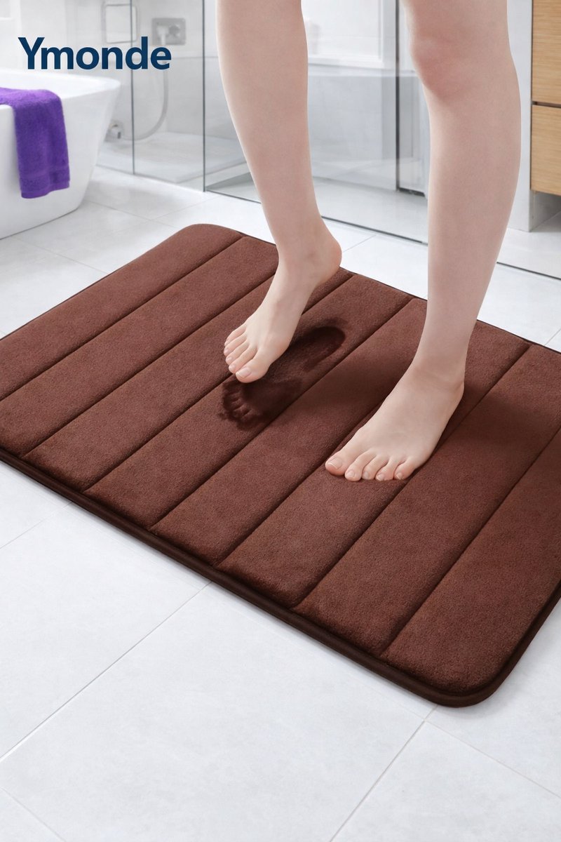 Ymonde Bruine Anti-Slip Badmat – 40×60 cm – Verticaal Strepenpatroon – Badkamer Mat – Veilig & Comfortabel
