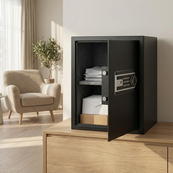 Zwarte kluis met de deur open, met papieren en enveloppen op de planken, in een woonkamer.