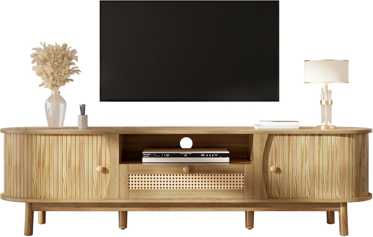 Clruro TV-Meubel - Lowboard Met Deuren En Lades - Rattan En Massief Hout - Landelijke Stijl - Naturel Houtkleur