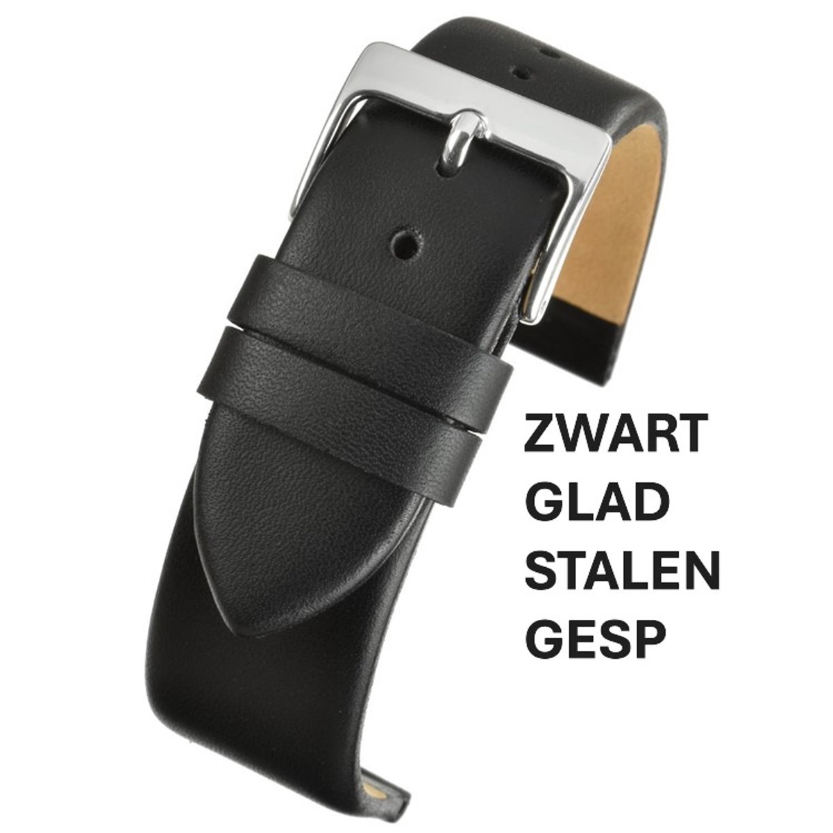 horlogeband-horlogebandje-20mm-echt leer-ZWART-zwart-recht-zacht -plat-leer-glad-stalen gesp-20 mm