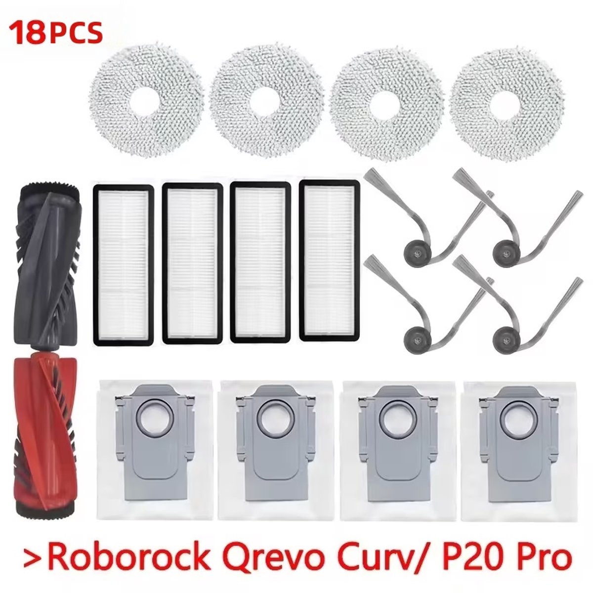 18-delige Accessoireset - Geschikt voor Roborock P20 Pro/Qrevo S5V/Qrevo Curv/Qrevo Edge Robotstofzuiger - 2 Hoofdborstel, 4 Doeken, 4 Filters, 4 Zijborstels, 4 Stofzakken — afbeelding 1