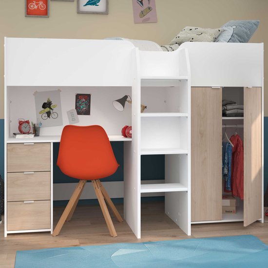 Lit mi-hauteur Neda 90x200cm - blanc/décor de chêne - Parisot - Lits d'enfant avec barrière - Blanc|Brun - Panneaux de particules - Lits d'enfant avec barrière