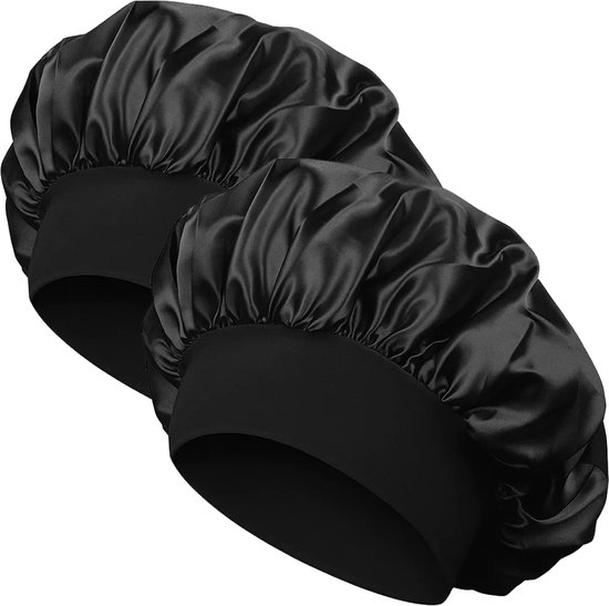 Nuvance Bonnet Satijn - Set van 2 Stuks - Satijnen Slaapmuts Verstelbaar - Satin Bonnet - Unisex - Zwart