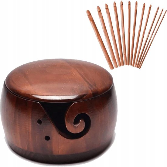 Houten garenkom met deksel, handgemaakte garenkomhouder met 12 stuks bamboe haaknaalden voor haken, brei-accessoires, doe-het-zelf ambachten, cadeau voor vrouwen (dennenhout